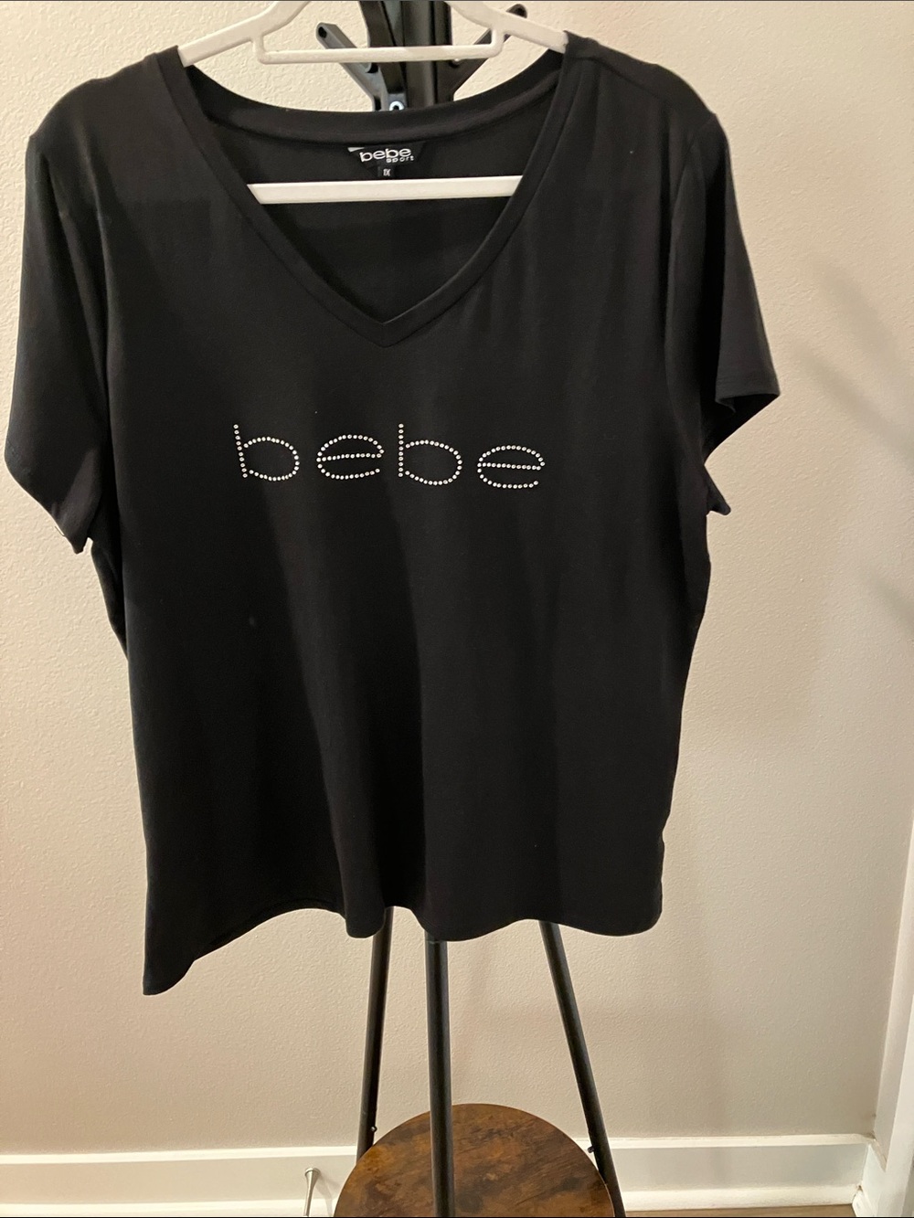 bebe Black Short-Sleeve V-Neck Tee with Crystal Logo
